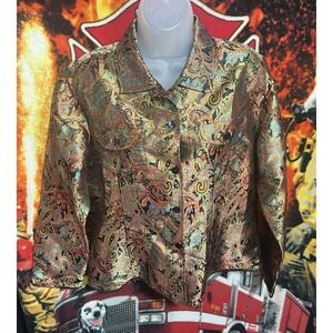 Chicos Womens Size 1 Medium Multi Colored Print Linen Cotton Button Up Jacket